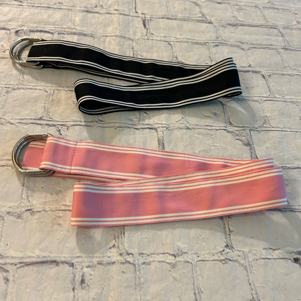 LAUREN TWO RIBBON BELTS PINK & WHITE/BLACK & WHITE STRIPED SILVER BUCKLES 37.25”